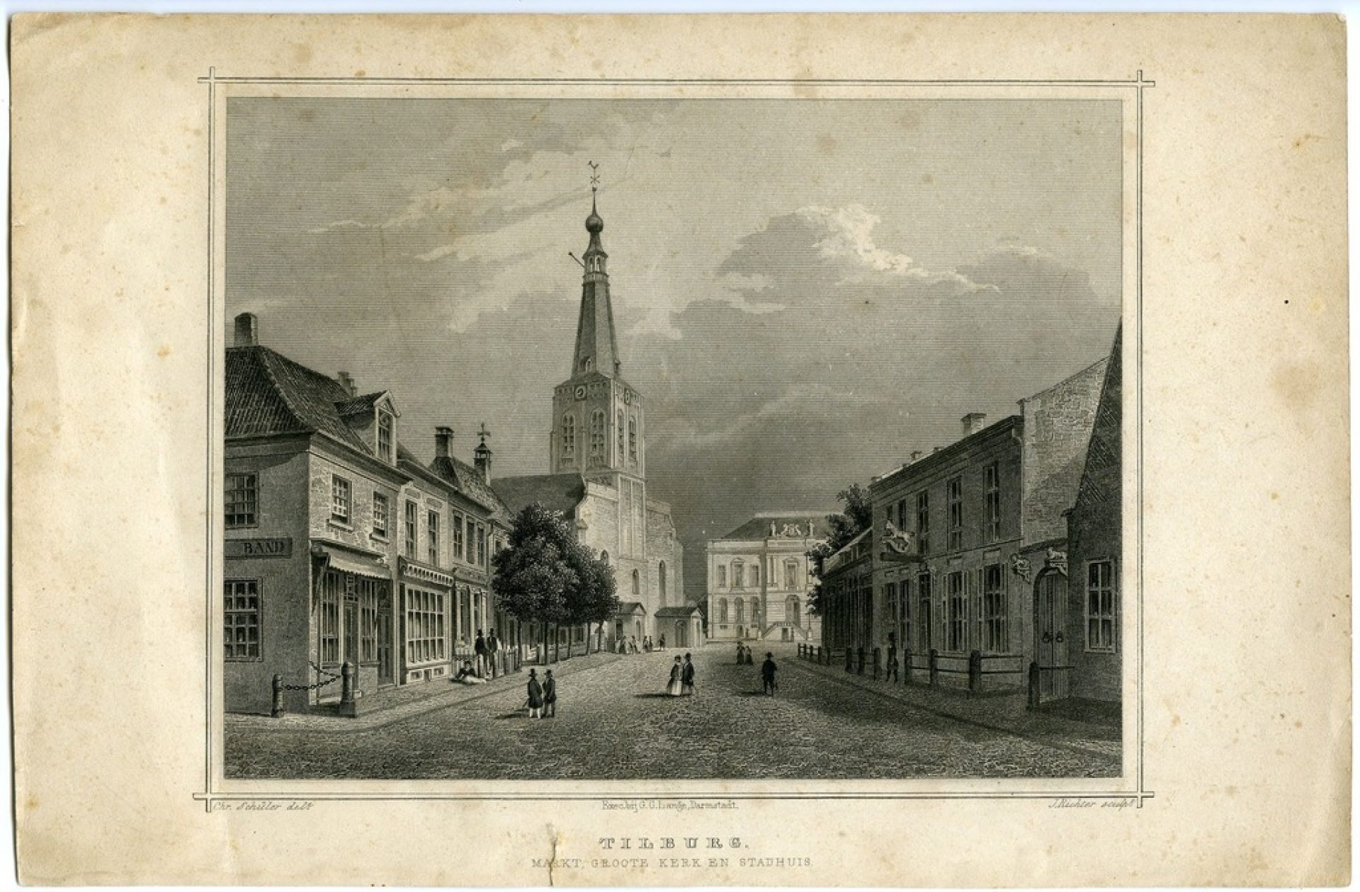 19e eeuwse prent waarop het stadhuis voorzien is van beelden Deze situatie klopt echter niet met de werkelijkheid De beelden werden pas geplaatst in 1905 Collectie Regionaal Archief Tilburg 604816