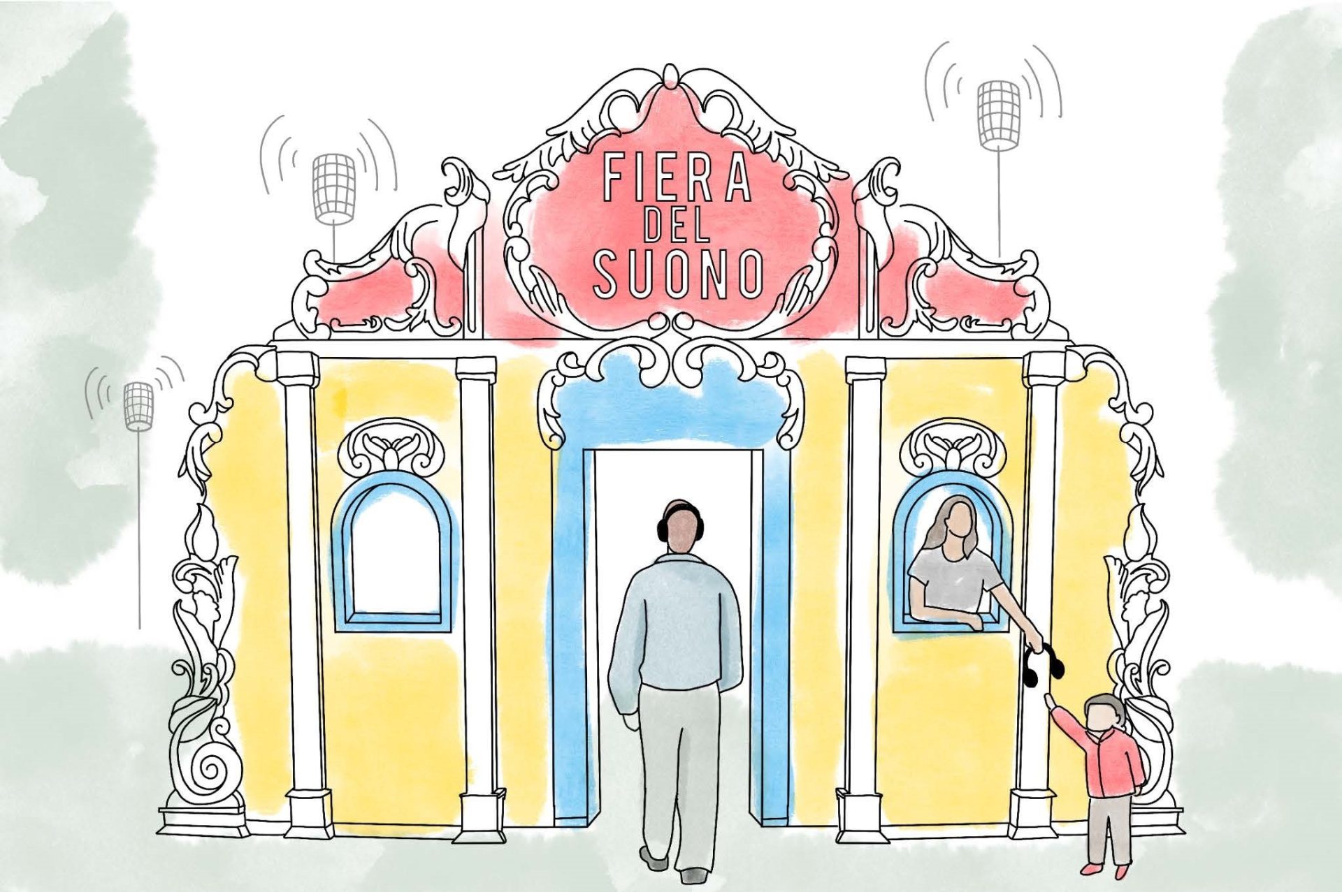 Impressie entreepoort waar bezoekers een headset krijgen uitgereikt net buiten Stadsbalkon