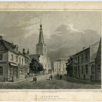 19e eeuwse prent waarop het stadhuis voorzien is van beelden Deze situatie klopt echter niet met de werkelijkheid De beelden werden pas geplaatst in 1905 Collectie Regionaal Archief Tilburg 604816