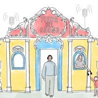 Impressie entreepoort waar bezoekers een headset krijgen uitgereikt net buiten Stadsbalkon